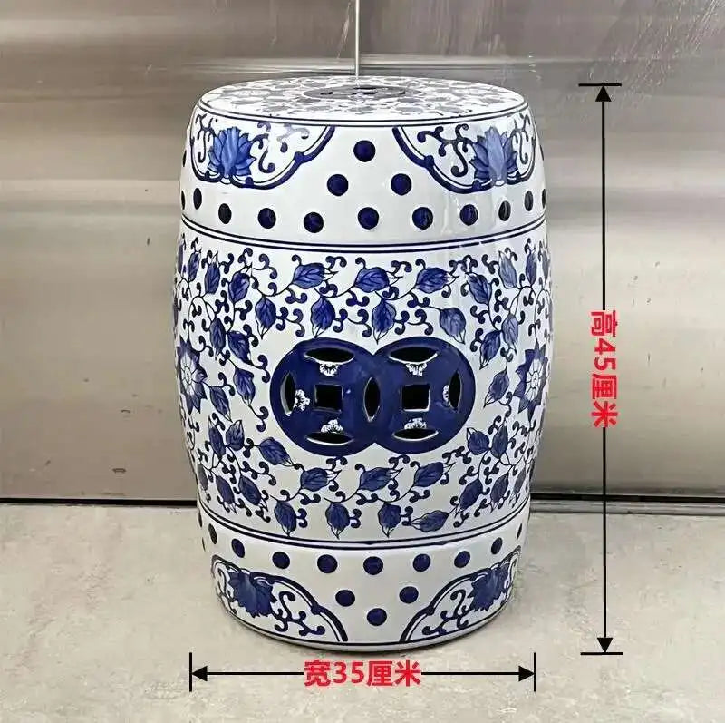 Hand Drawn Blue and White Porcelain Shoe Changing Stool Ceramic Drum Bathroom Neoclassical Imitation Sitting Stool Low Round