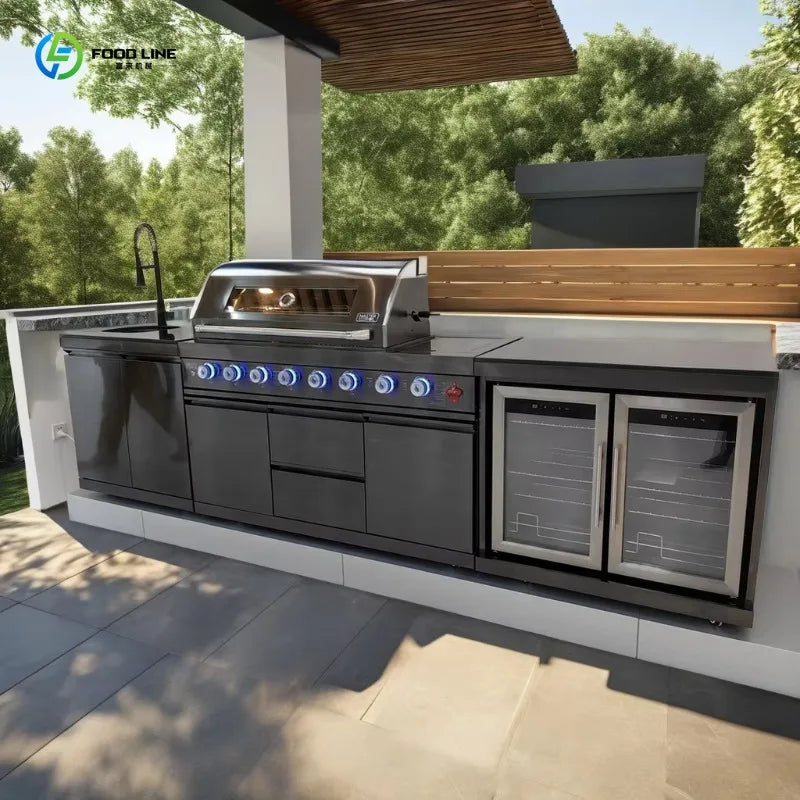 Customized Luxury Outdoor Kitchen Granite Garden Stainless Steel Waterproof Heavy Duty Gas BBQ Full Kitchen Cabinet Frame