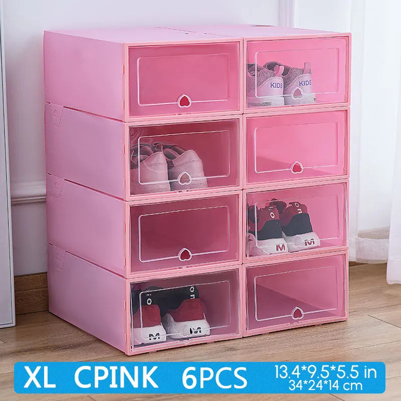 6Packs Transparent Shoe Box Shoes Organizers Plastic Thickened Foldable Dustproof Storage Box Stackable Combined Shoe Cabinet