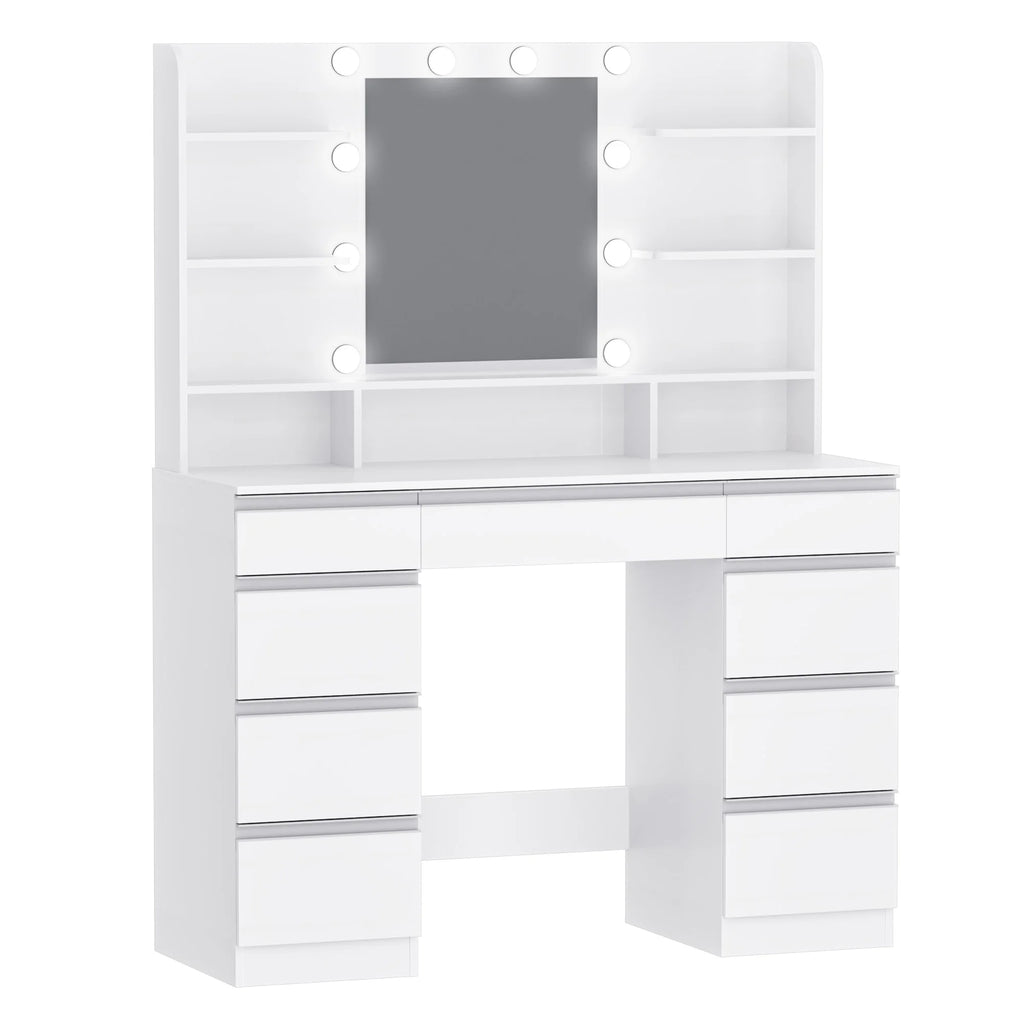Dressing Table with 10 LED Light Balls,3 Colors,Adjustable Brightness,Large HD Mirror,1 Large Drawer and 8 Small Drawer Cabinets