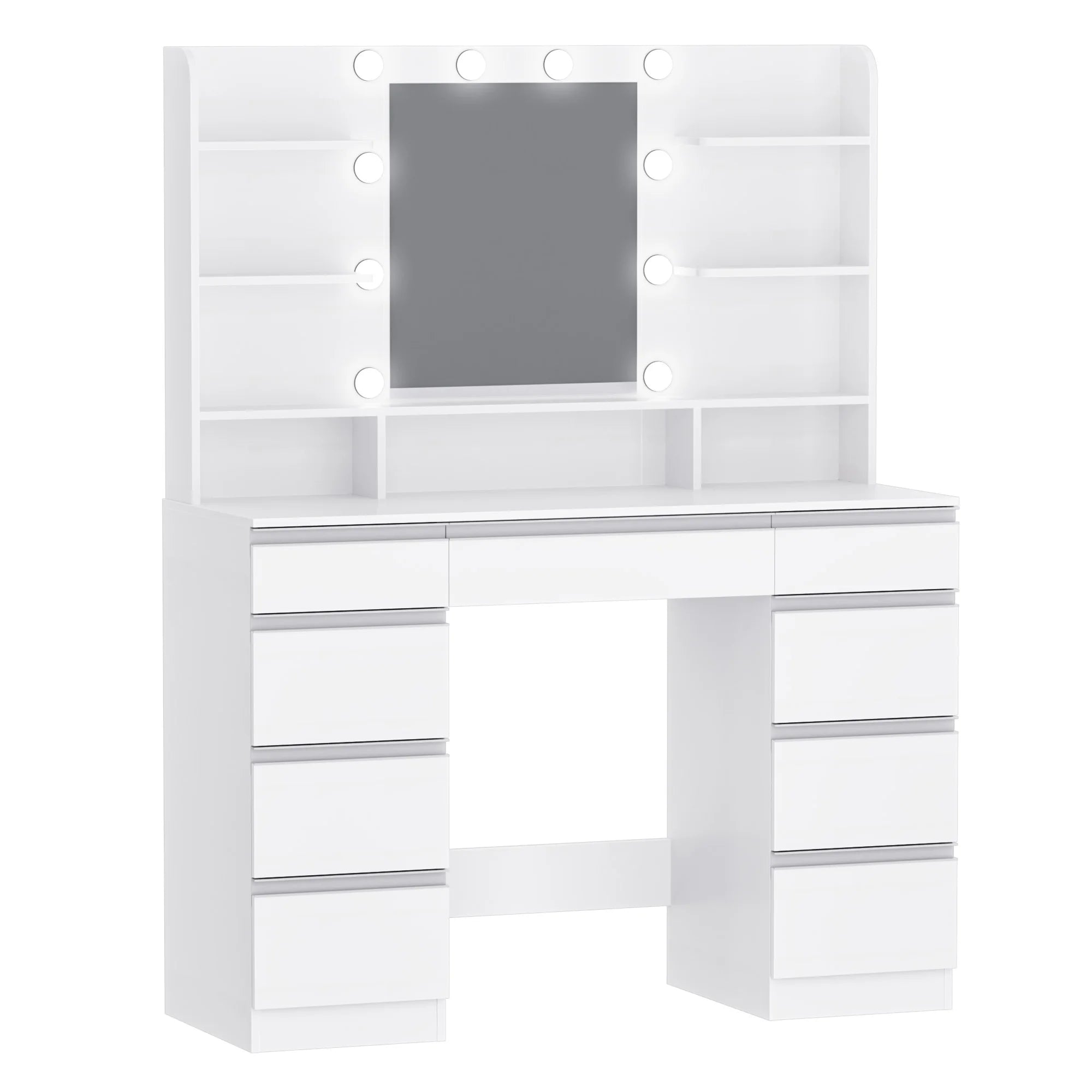 Dressing Table with 10 LED Light Balls,3 Colors,Adjustable Brightness,Large HD Mirror,1 Large Drawer and 8 Small Drawer Cabinets