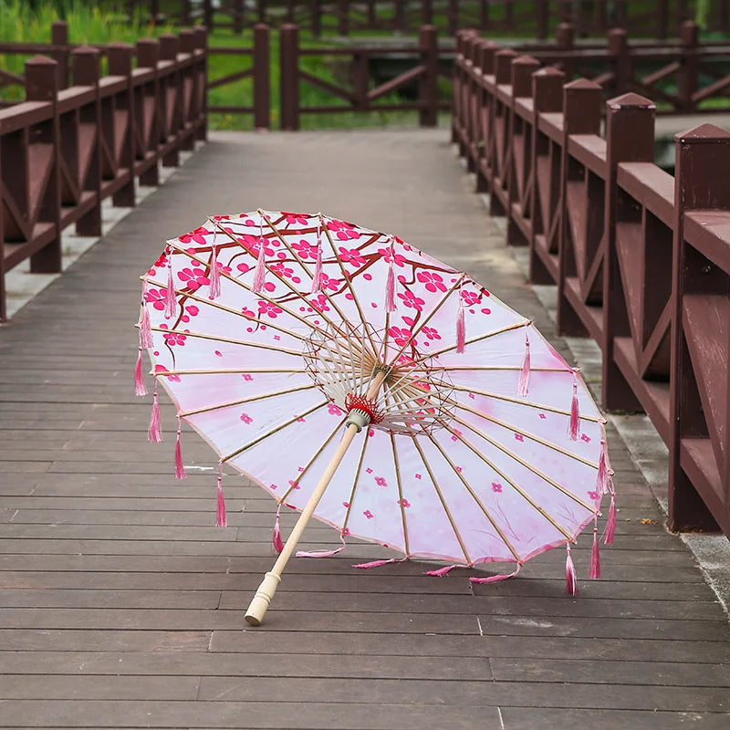 82cm Pink Flowers Silk Decorative Umbrella Han Cos Props Tassel Umbrella Ancient Chinese Classic Oil Paper Parasol