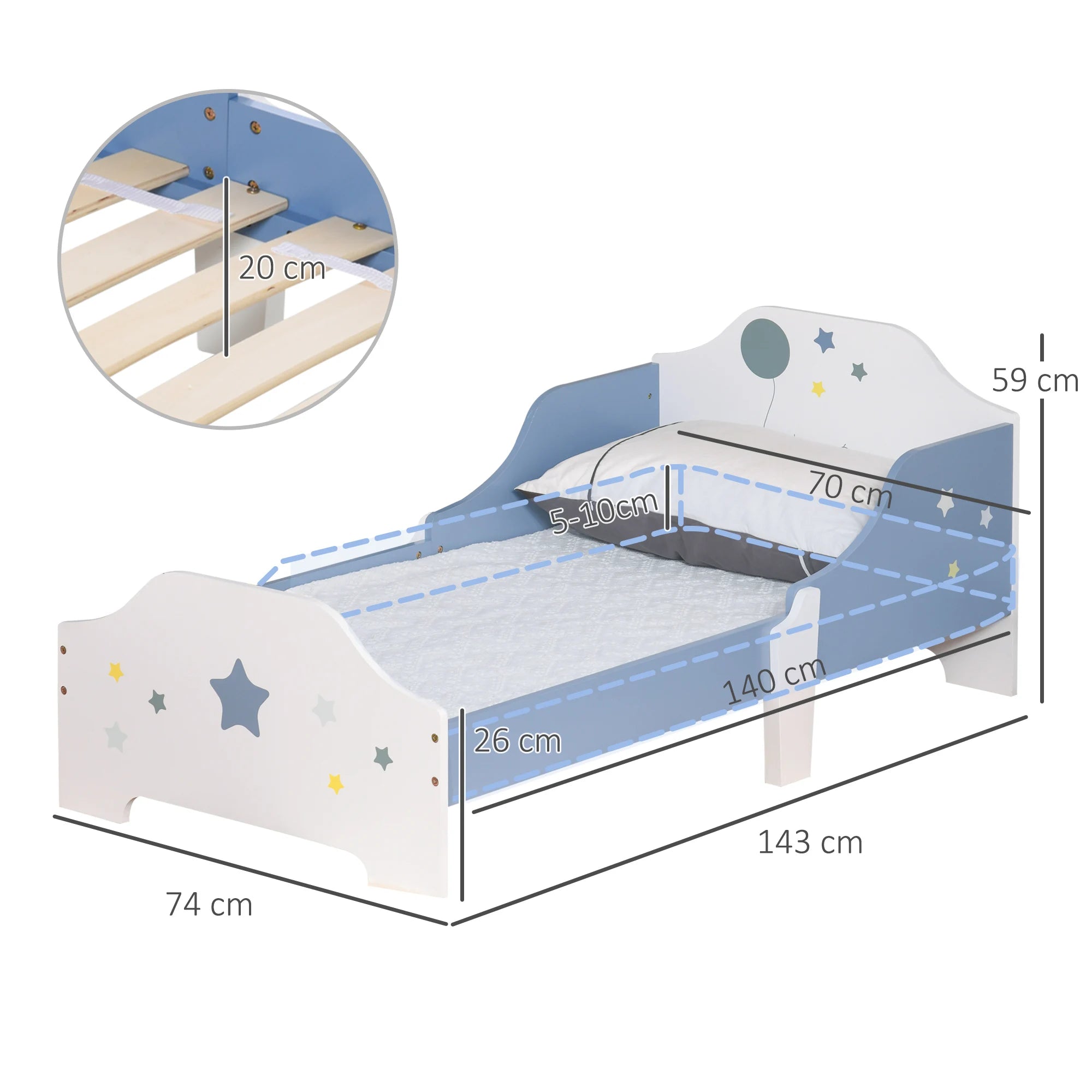 Homcom Bed for Children +3 Years 143X74X59 cm with Blue Star Print