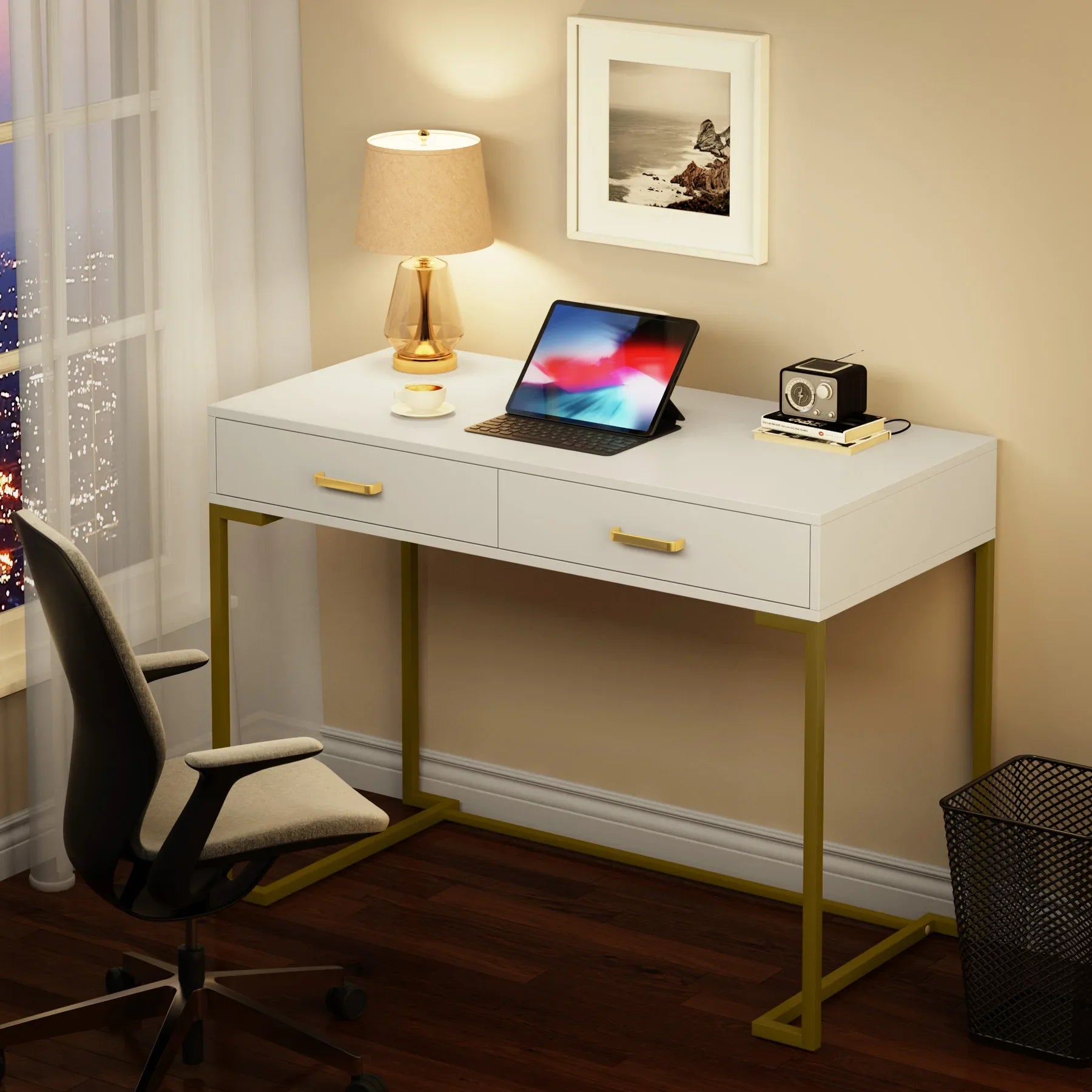 Tribesigns Vanity Desk with 2 Drawers,White and Gold Small Makeup Vanity,Modern Vanity Table Dressing Desk for Women Girls Gift
