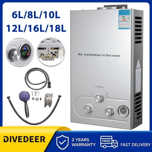 DIVEDEER LPG Gas Hot Water Heater 6L/8L/10L/12L/16L/18L Home Appliance Wall-Mounted Water Heater With Shower Kit Digital Display