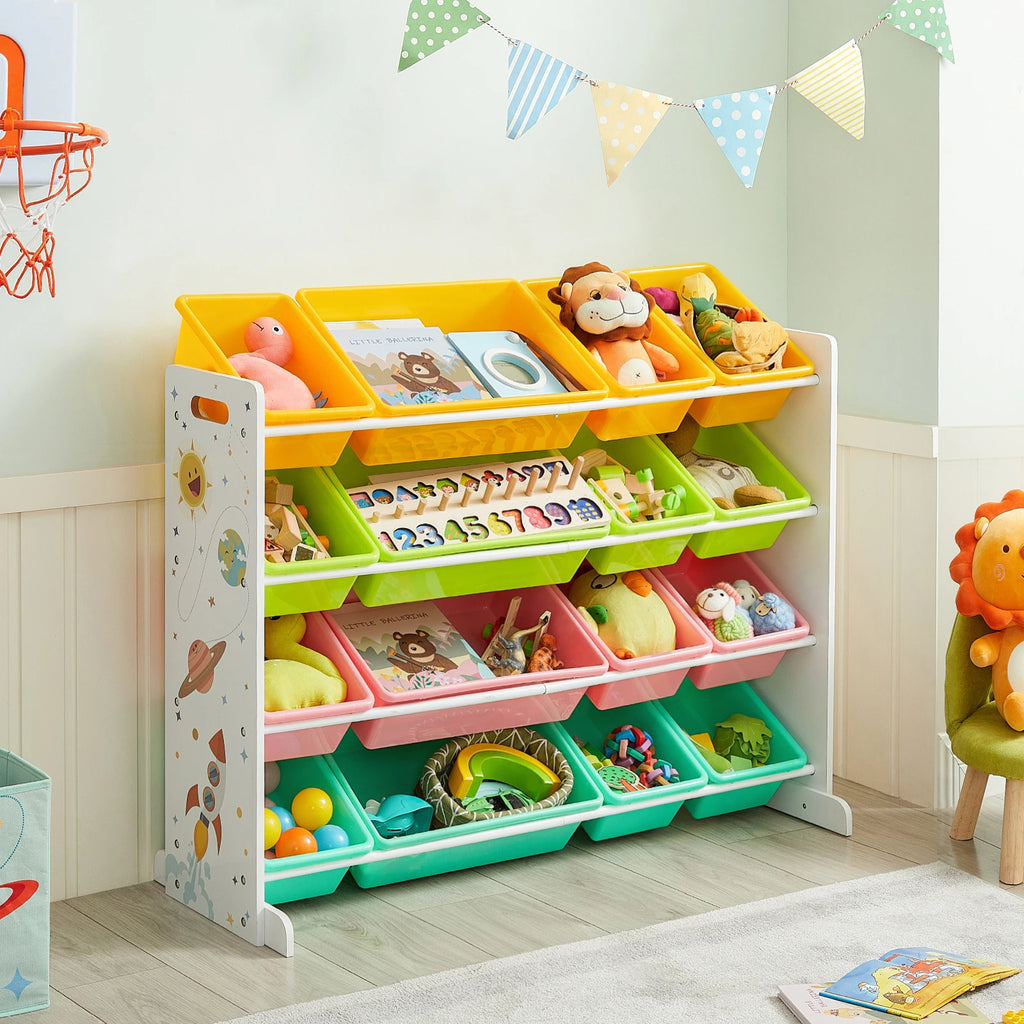 SONGMICS Children's Toy Storage Unit, Kid’s Toy Organiser with 16 Removable PP Containers, Toy Boxes, for Playroom School