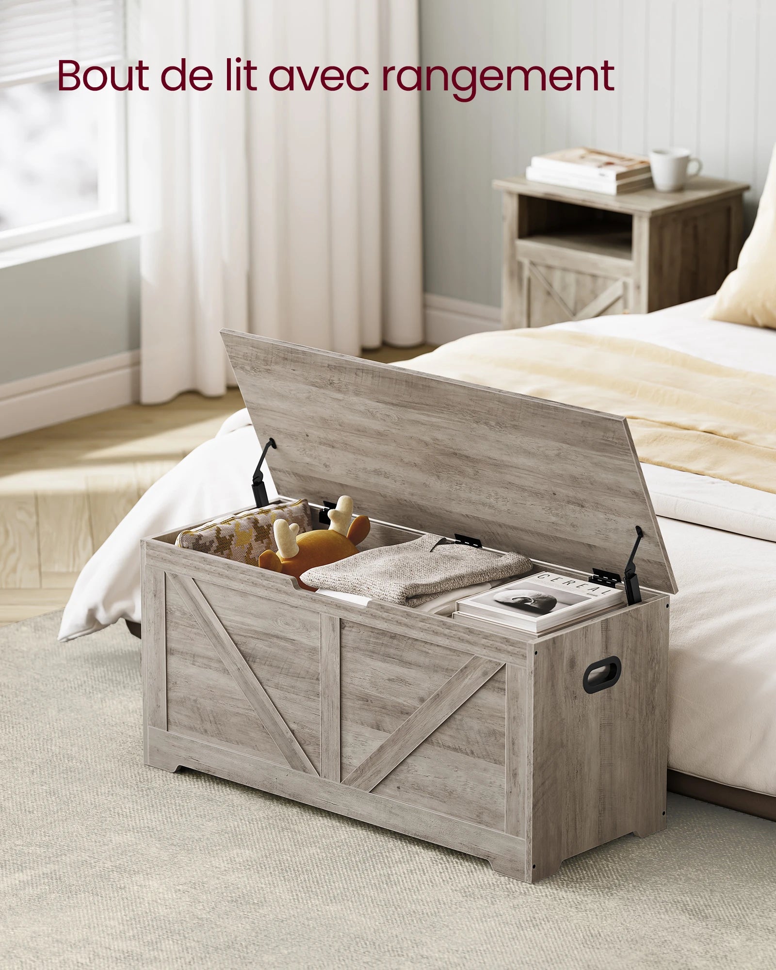 VASAGLE Storage Chest, Storage Bench, Blanket Box with 2 Safety Hinges, Shoe Storage Bench, Farmhouse Style, 40 x 100 x 46 cm