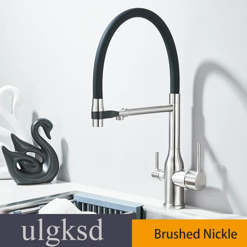 Kitchen Purified Water 2 Function Brass Cold and Hot Mix Faucet Black Flexible Water Pipe 360 Rotate Filtered Water Deck Install