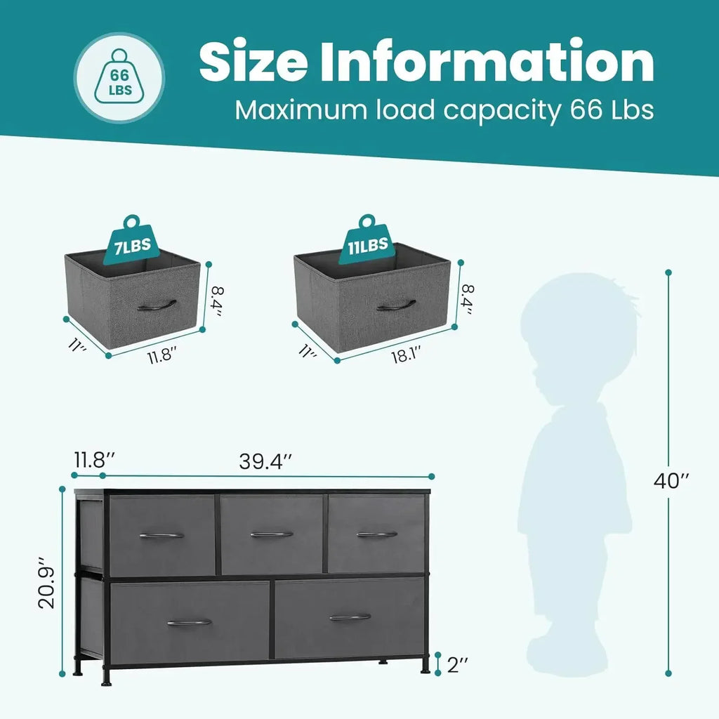 Dresser Storage with 5 Organizer Closet Chest Small Clothes Fabric Cabinet, Kids Furniture Drawer Binis, Nightstand