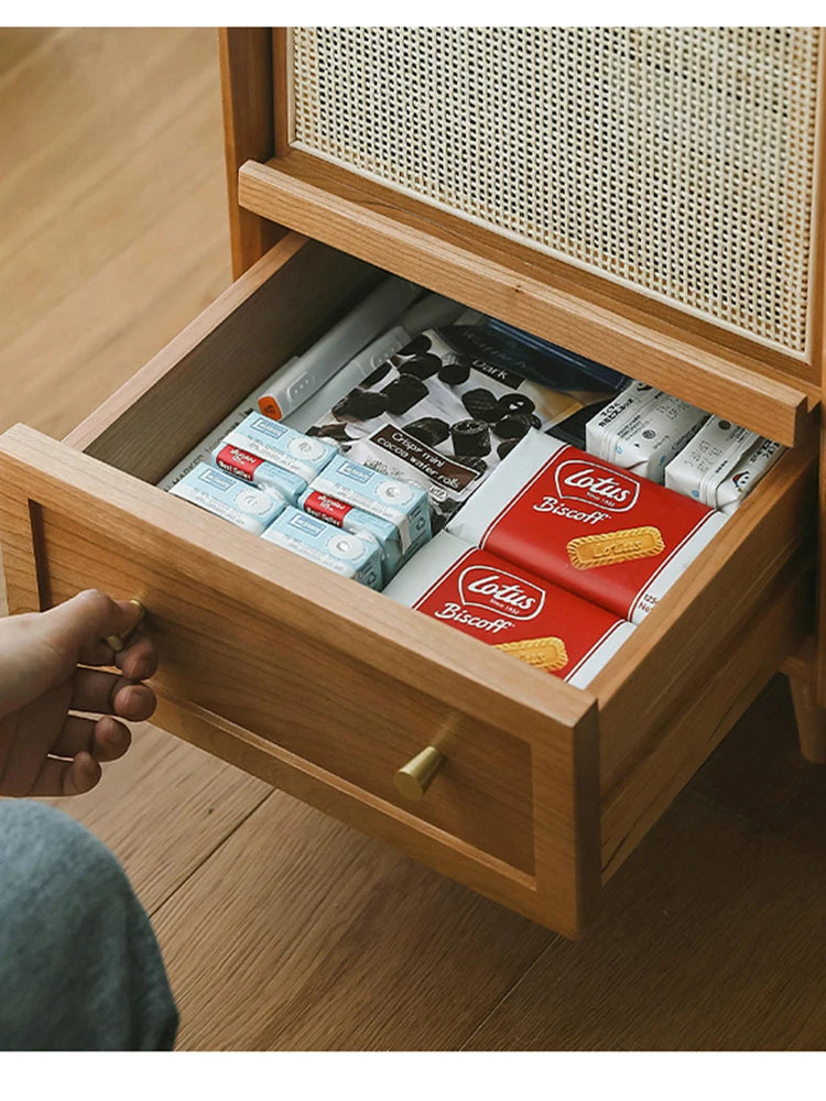 Rattan Weaving Bedroom Furniture, Bedside Table, Multifunctional Small Side Storage Cabinet, Solid Wood Night Stand Customized