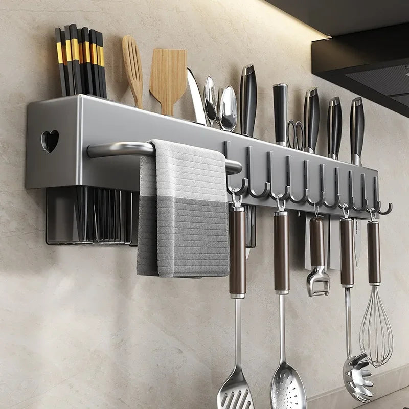 Heavy Duty Carbon Steel Wall Mounted Kitchen Organizer, No Drill Knife Rack for Knives Utensils Cutting Boards, Space Saving