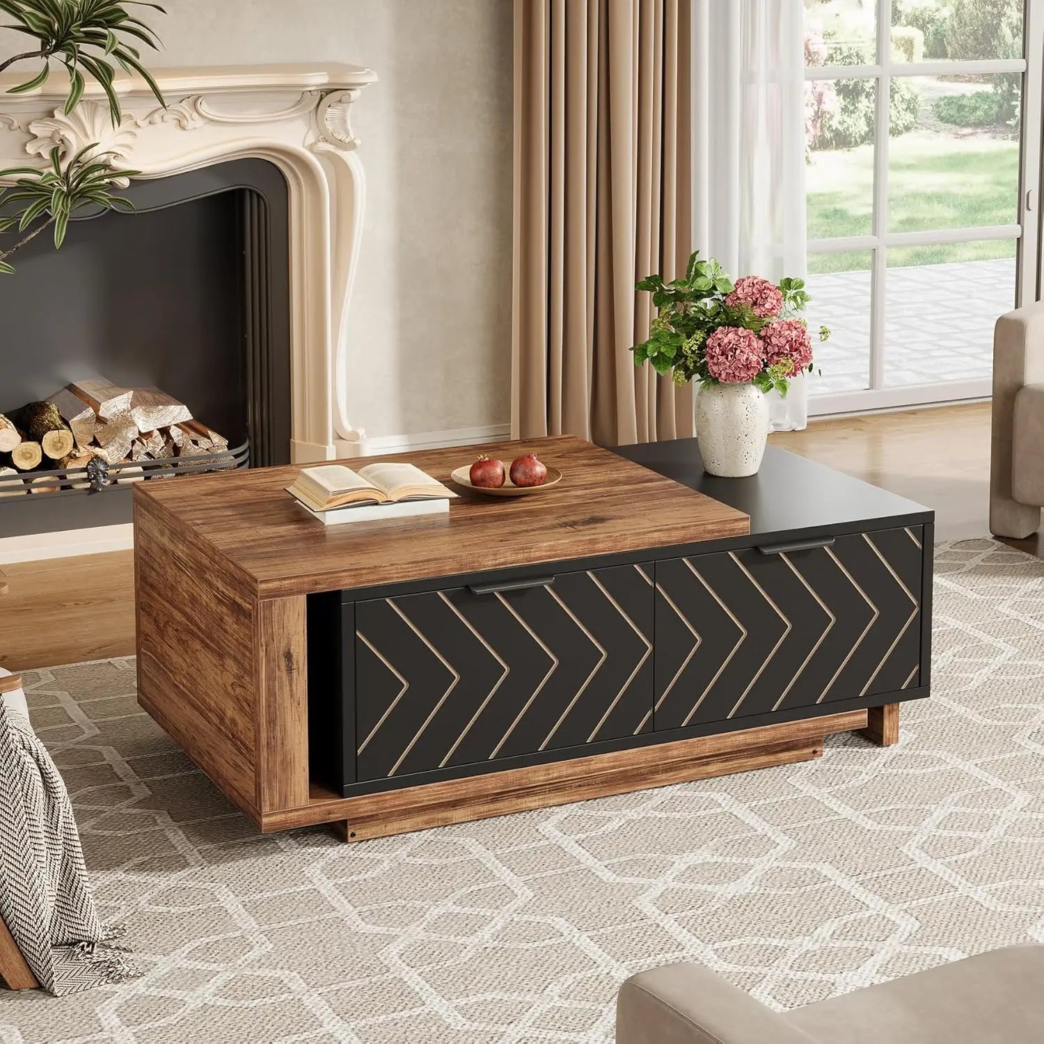 Extendable Coffee Table,Length Adjustable Reversible Wood Coffee Table with 2 Storage Drawers,Rectangular Dual-Tone Center Table