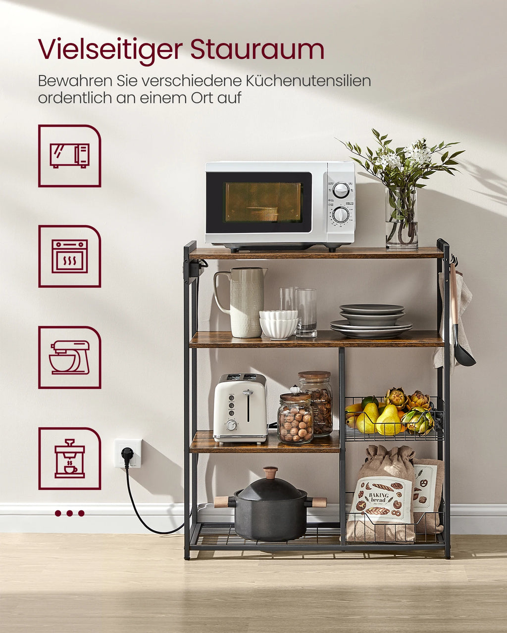 VASAGLE Kitchen Rack with sockets, 2 Metal Baskets, Microwave Shelf, 35x80x93.5 cm Industrial Design