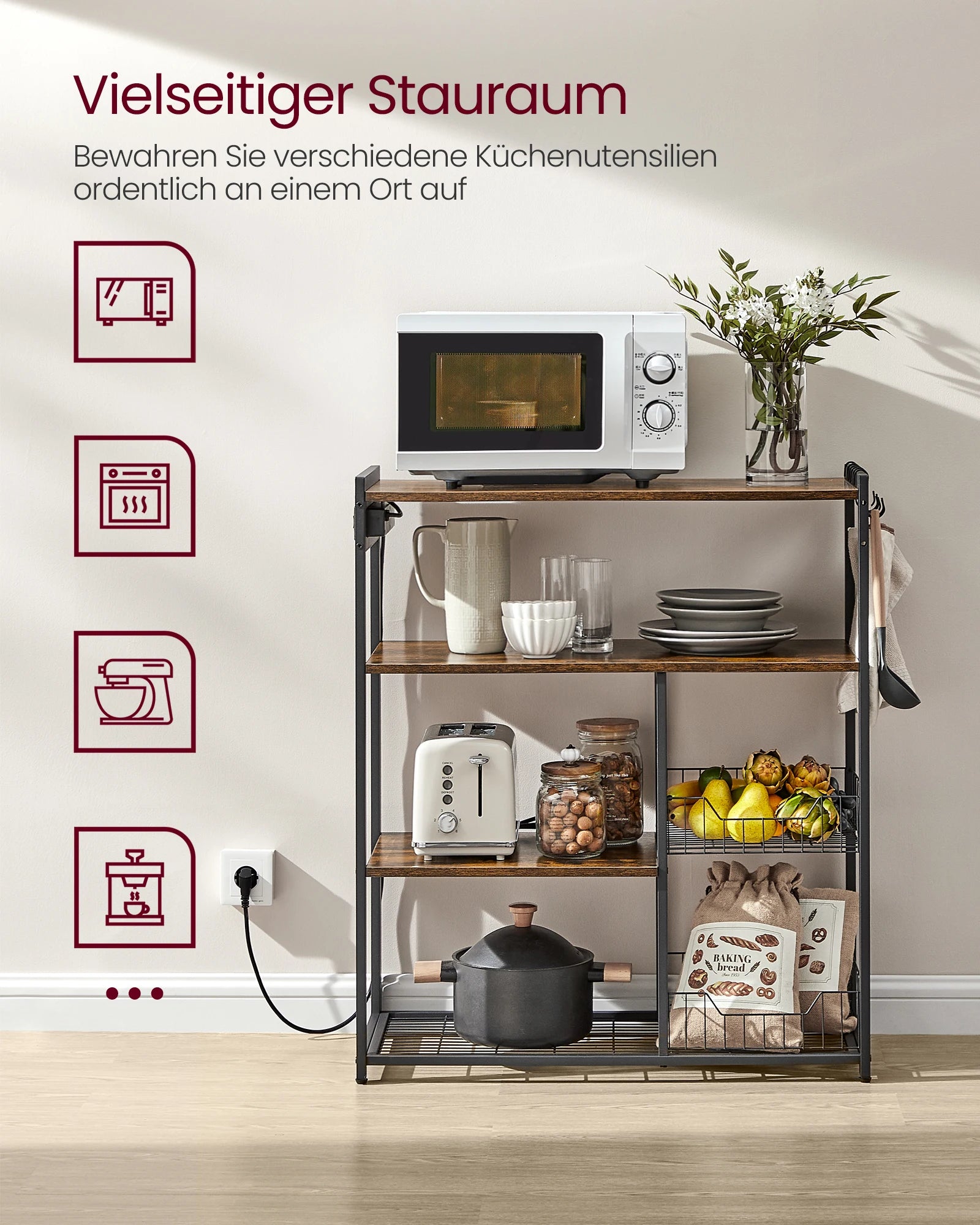 VASAGLE Kitchen Rack with sockets, 2 Metal Baskets, Microwave Shelf, 35x80x93.5 cm Industrial Design