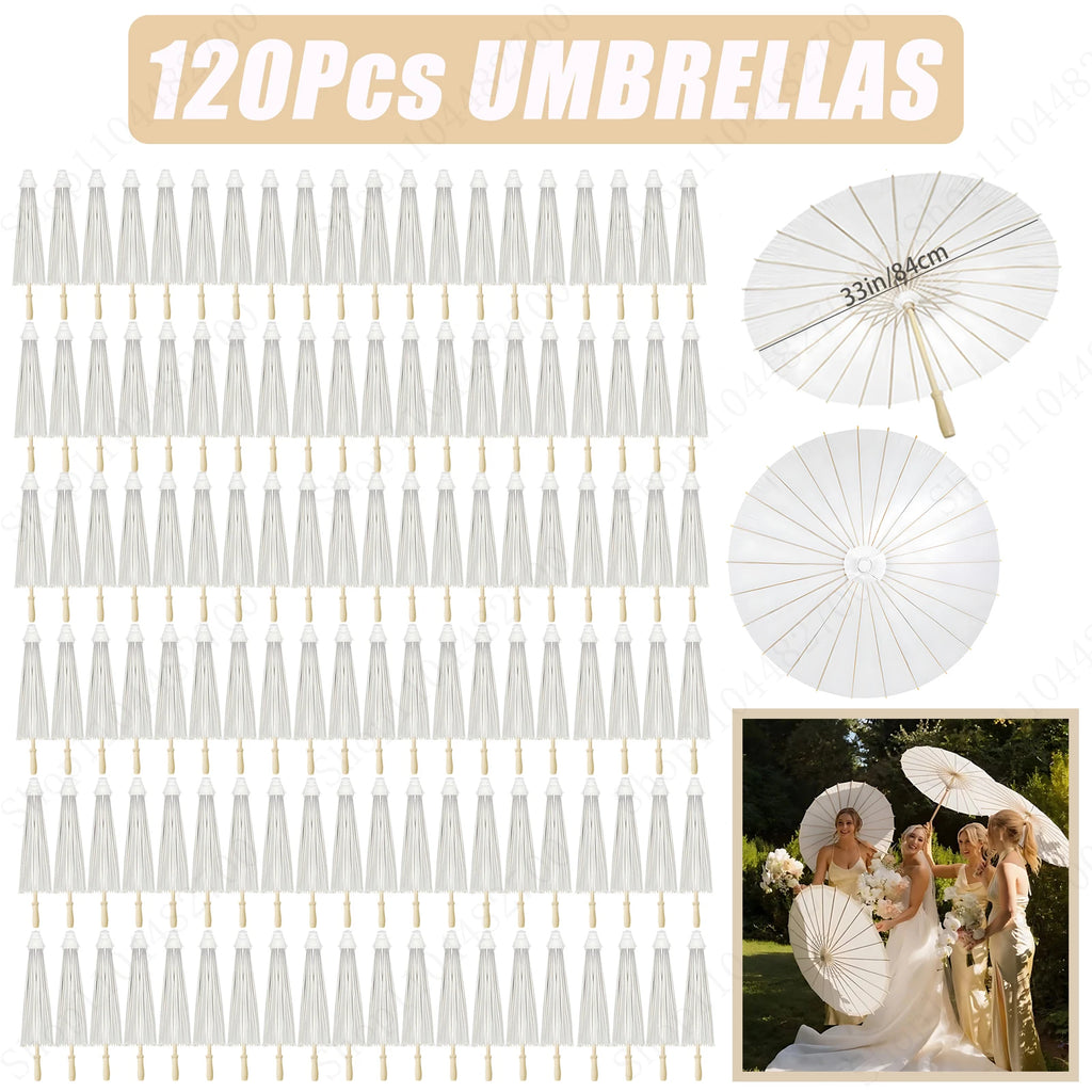 6-120Pcs 33inch Paper Umbrellas for Wedding Guest White Paper Parasol Umbrellas for Guests Wedding Photography Props with Fans