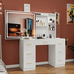 Vanity Desk with Lighted Mirror and Charging Station&Glass Tabletop, Sliding Mirror Makeup Vanity Table, Dressing Table