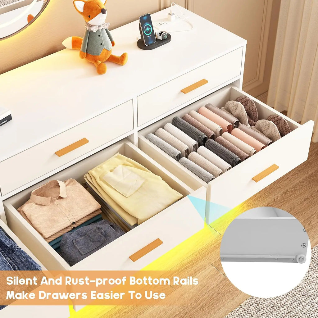 White 12 Drawers Dresser w/Power Outlet,60000-Colors Lights,63In Long Dresser Chest for Bedroom,Wooden Tall Large Capacity