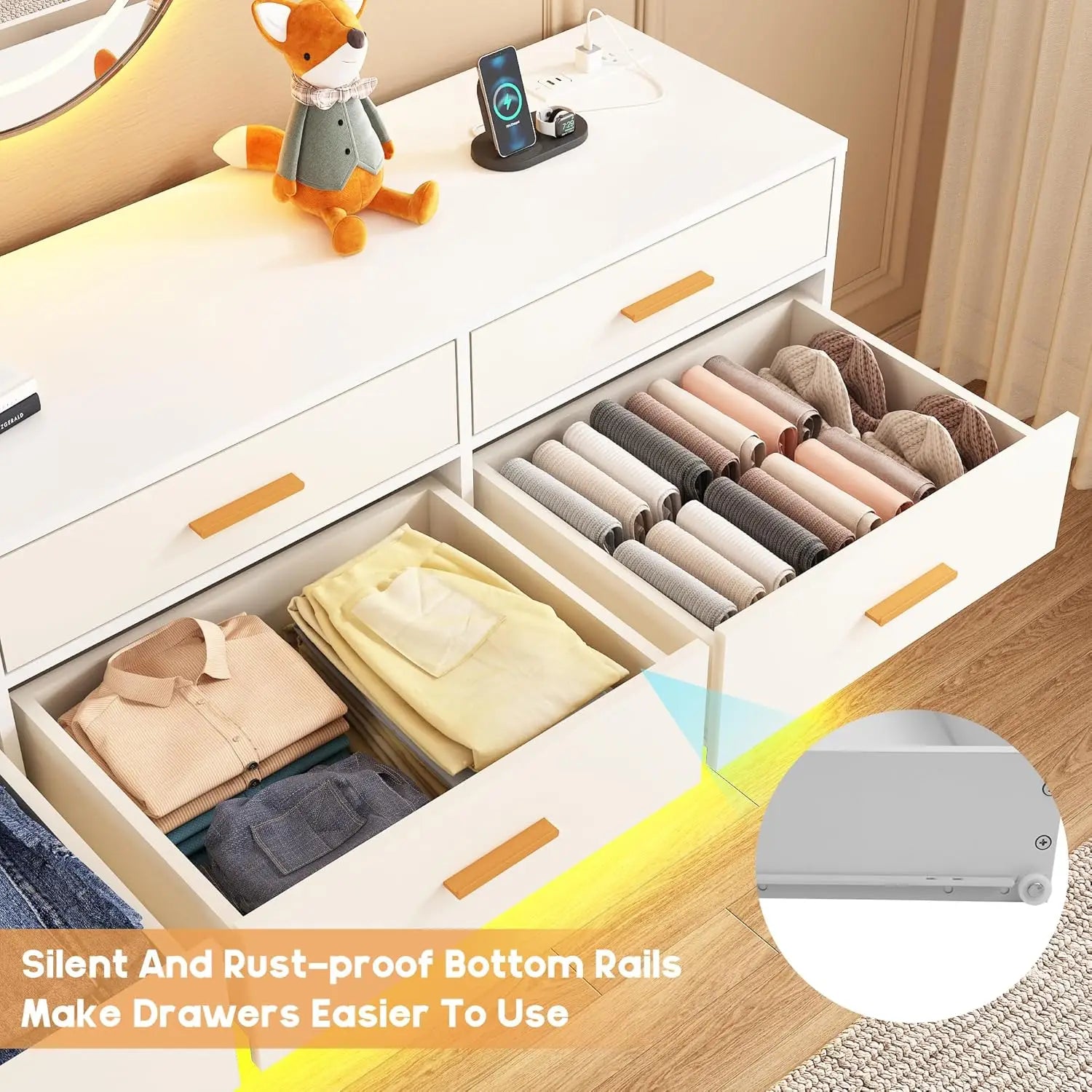 White 12 Drawers Dresser w/Power Outlet,60000-Colors Lights,63In Long Dresser Chest for Bedroom,Wooden Tall Large Capacity
