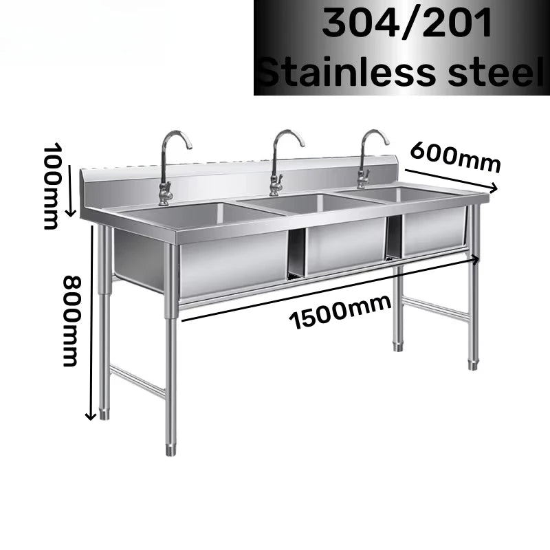 Stainless Steel Kitchen Sink 3-Room Freestanding Sink Standing Sink Handmade 201/304