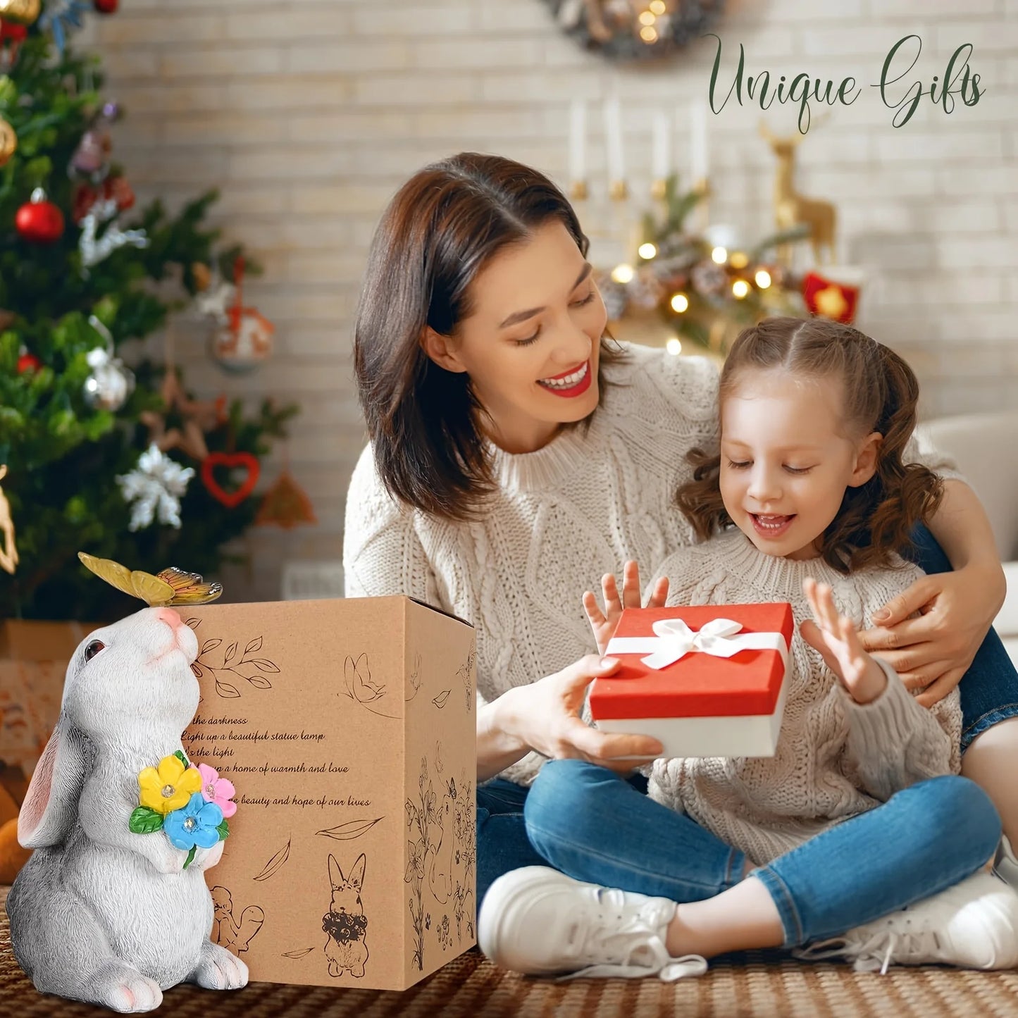 Outdoor Rabbit Statue Decoration With Solar Powered Butterfly Light Resin Art Deco Rabbit Figurine For Garden Lawn Patio