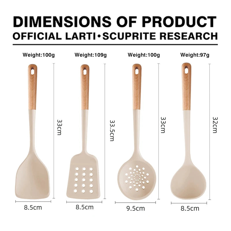New Silicone Kitchen Cooking Utensils Set Durable Hardwood Handle Heat Resistant Tool Non-stick Turner Slotted Spoon Spatula Kit