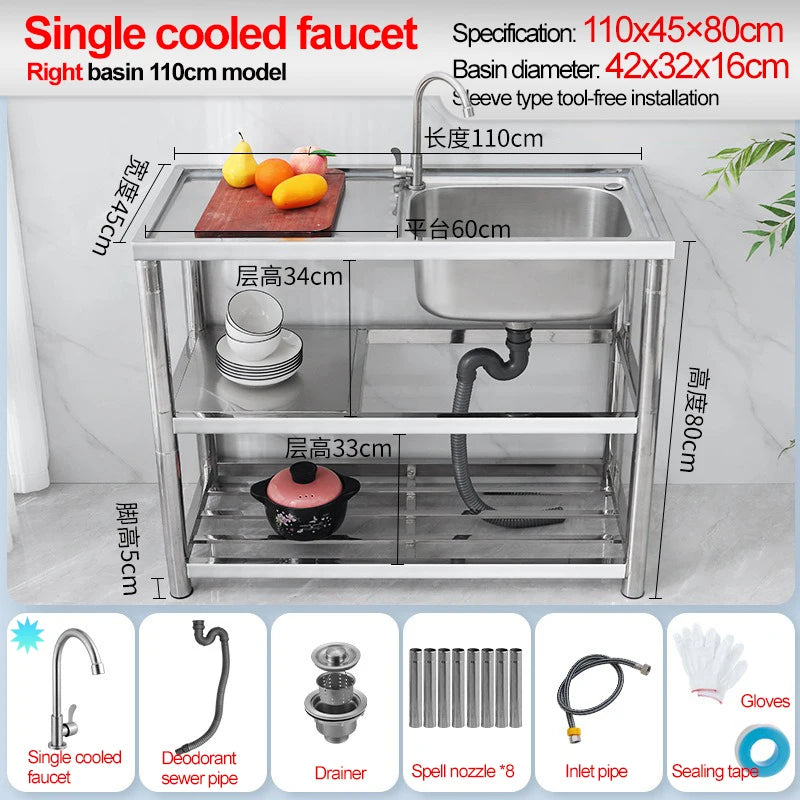 Stainless Steel Sink Kitchen Household Thickened Single Trough with Bracket Wash Basin Sink with Platform Easy Landing