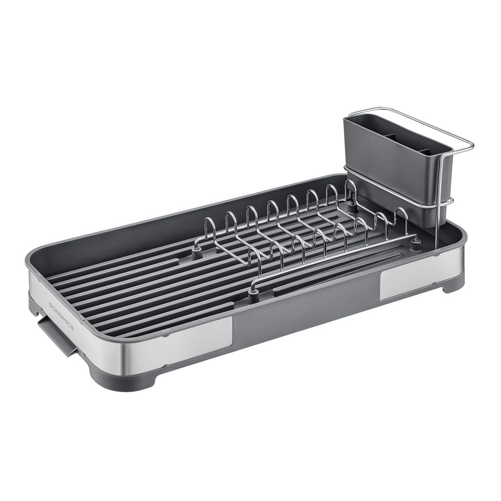 SONGMICS Small Dish Drying Rack, Dish Dryer for Kitchen Counter, Stainless Steel Dish Rack with Drain, Utensil Holder,Rustproof