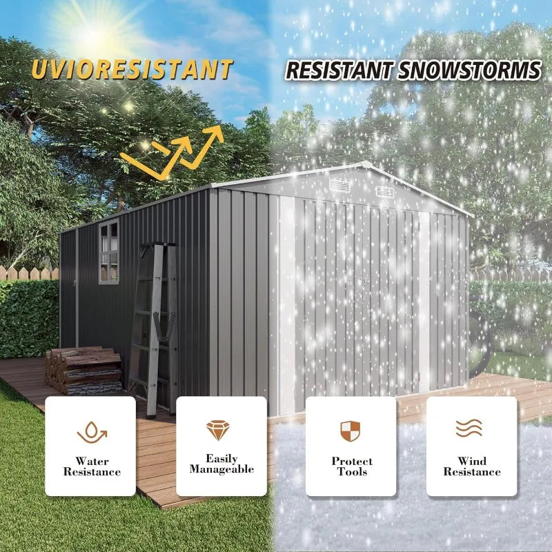 10x14ft Outdoor Storage Shed, Galvanized Steel with Lockable Door
