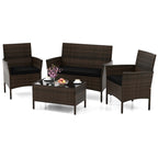 4 PCS Patio Furniture Set with Washable Cushions and Tempered Glass Coffee Table Black