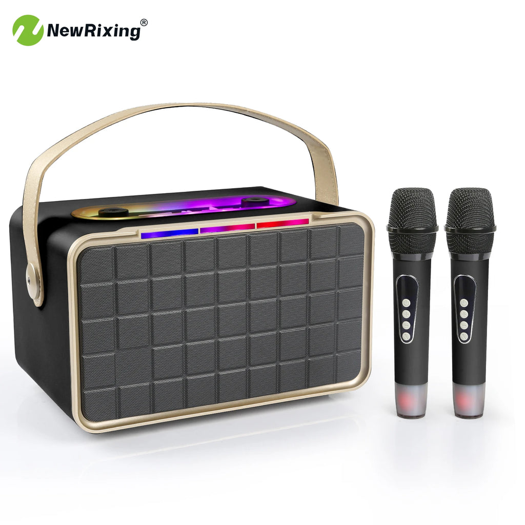 Portable wireless speaker with 2 microphones, karaoke machine,40W high volume,knob buttons,RGB lights,supports BT,USB,AUX,TF,MIC