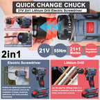 21V 2in1 Electric Drill Rechargeable Screwdriver 55Nm Torque Brushless Screwdriver Practical Screw Driver Repairing Power Tool