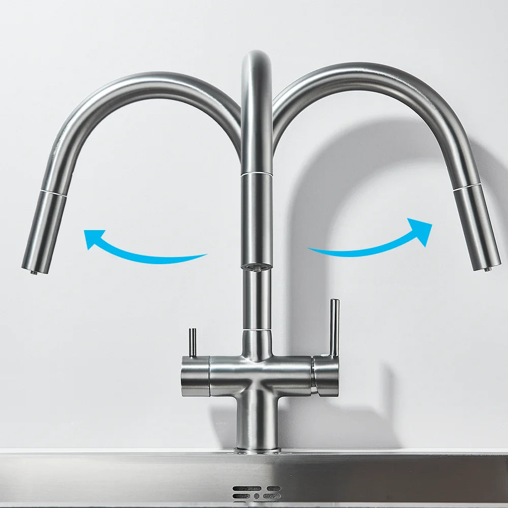 Gun Grey Dual Spout Kitchen Mixer Swivelling 360° Hot And Cold Water Mixer Pull-down Pure Water Faucet Twin-handle Kitchen Mixer