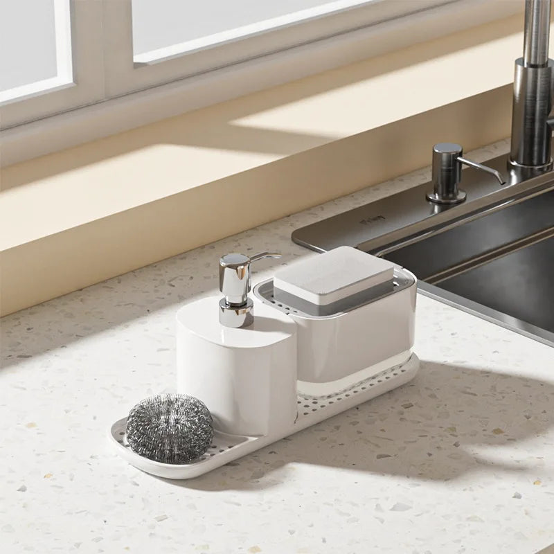 Kitchen countertop, detergent outlet box, sink, hand sanitizer outlet box, press soap dispenser, kitchen storage rack
