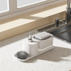 Kitchen countertop, detergent outlet box, sink, hand sanitizer outlet box, press soap dispenser, kitchen storage rack