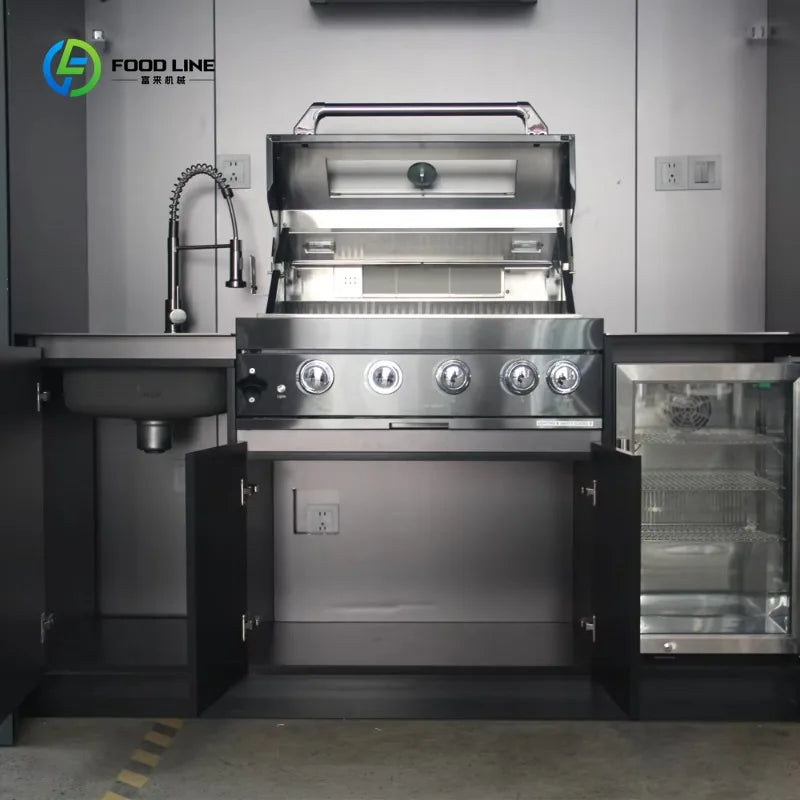 Customizable Outdoor Kitchen System Smokeless Gas Grill Garden Bar Shed Cabinet Set Complete with Fridge Sink Counter Range Hood