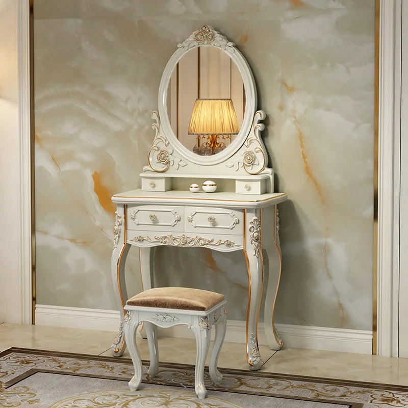 European Luxury Vanity Table Bedroom Mid Century White Makeup Dressing Table Cosmetics Chair Penteadeira Postmodern Furniture