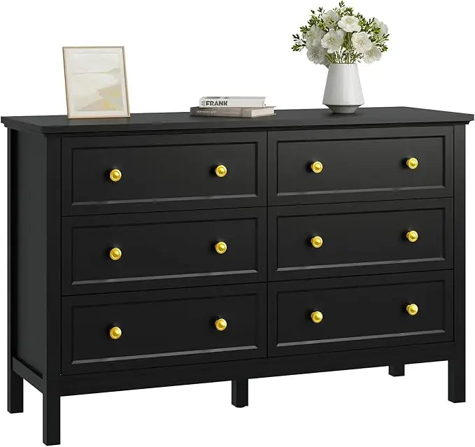 White Dresser for Bedroom, 6 Drawer Dresser with Wide Drawer and Metal Handles, Wood Dressers & Chests of Drawers for Hallway,