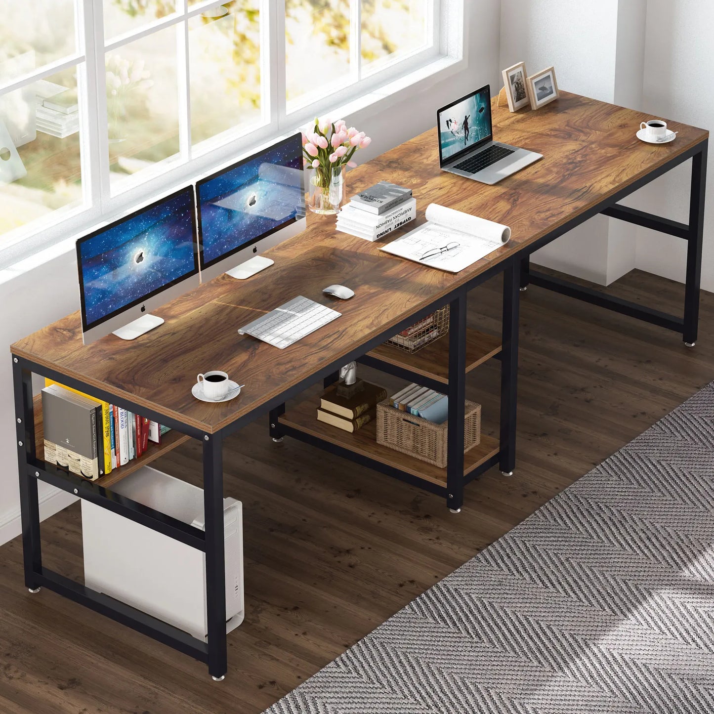 Two Person Desk with Bookshelf, 78.7" Double Computer Desk, Rustic Home Office Workstation Table | AlluCanFind