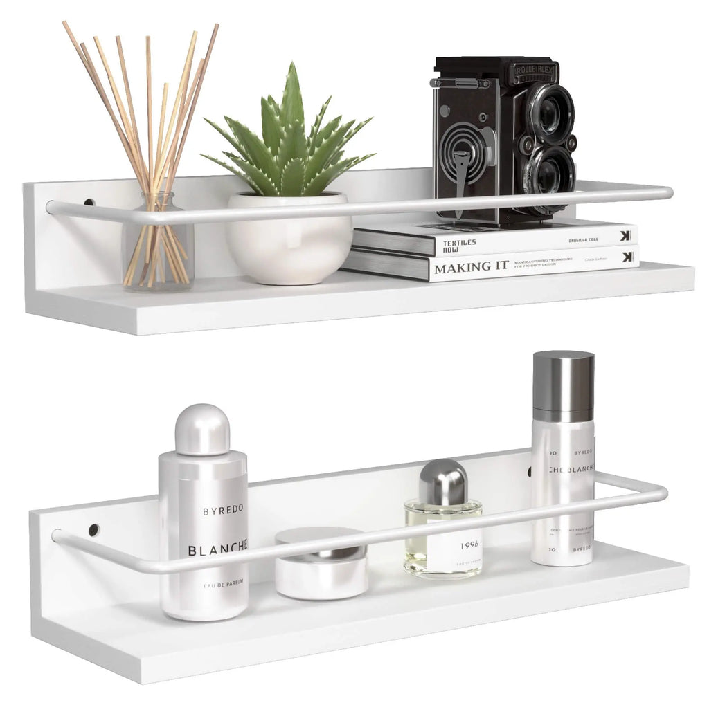 Floating Black Shelves with Metal Guardrail, Wall Mounted Shelf for Wall Decor Set of 2, Modern Bathroom Storage Shelves for Bat