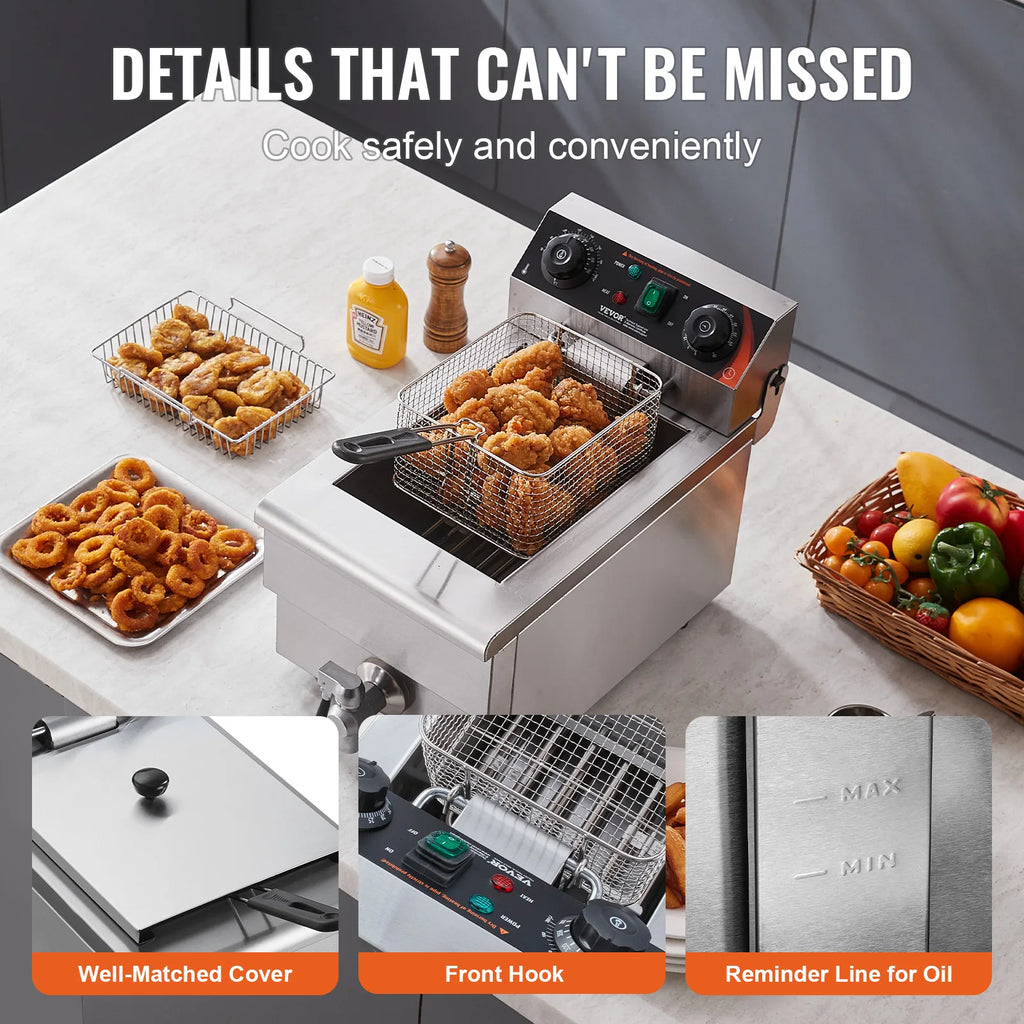 SucceBuy Commercial Deep Fryer Electric Countertop Fryer with Basket Stainless Steel Single Oil Fryer with Time & Temp Control
