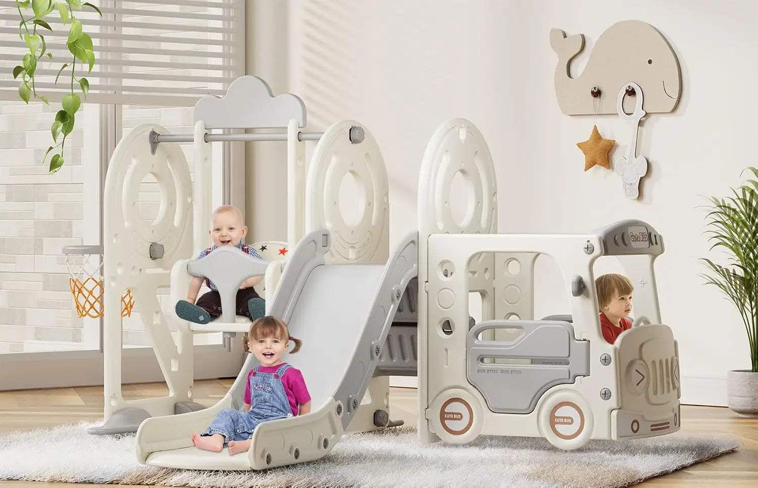 5 in 1 Toddler Slide and Swing Set, Kid Slide for Toddlers Age 1-3, Bus Themed Baby Slide with Basketball Hoop