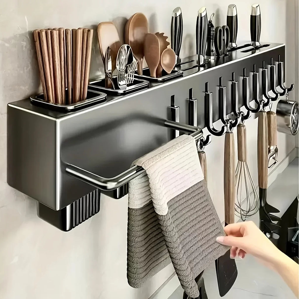 Kitchen Cookware Storage Rack Stainless Steel Multi-functional Non-punching Rack Chopstick Cylinder Wall-mounted Knife Holder