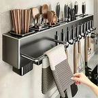 Kitchen Cookware Storage Rack Stainless Steel Multi-functional Non-punching Rack Chopstick Cylinder Wall-mounted Knife Holder