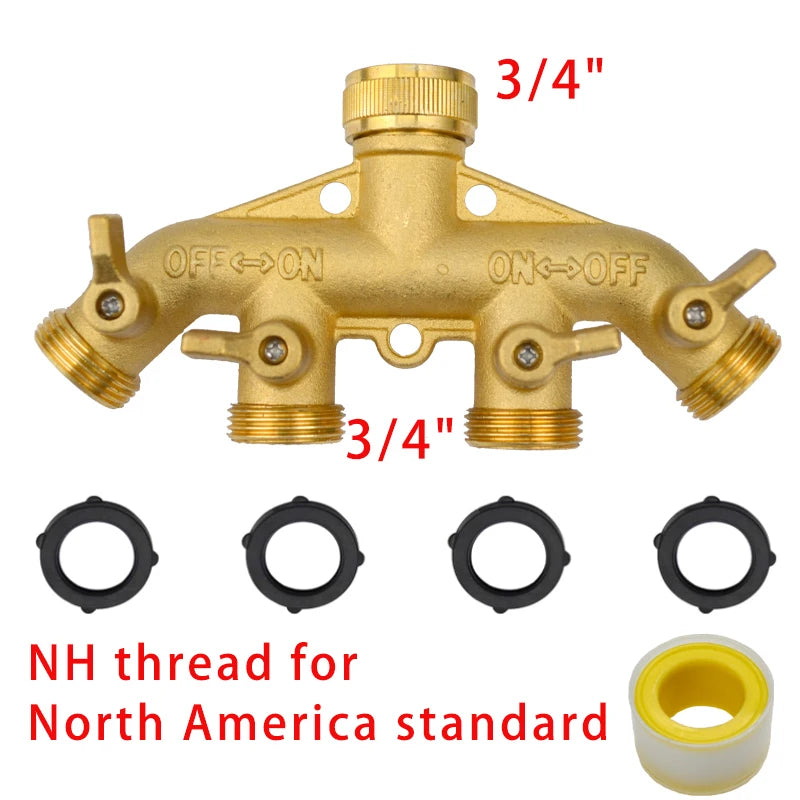Heavy Duty Brass 1-2-4 way Splitter Garden Hose Hexagonal Connector with Comfortable Grip Shut Off Valves Adapter for Water Tap