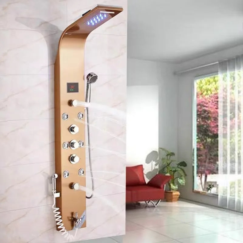 Gold Shower Panel LED Light Bathroom Six Functions Shower Column Tower Digital Screen Waterfall Shower Massage Spa Jets Tub