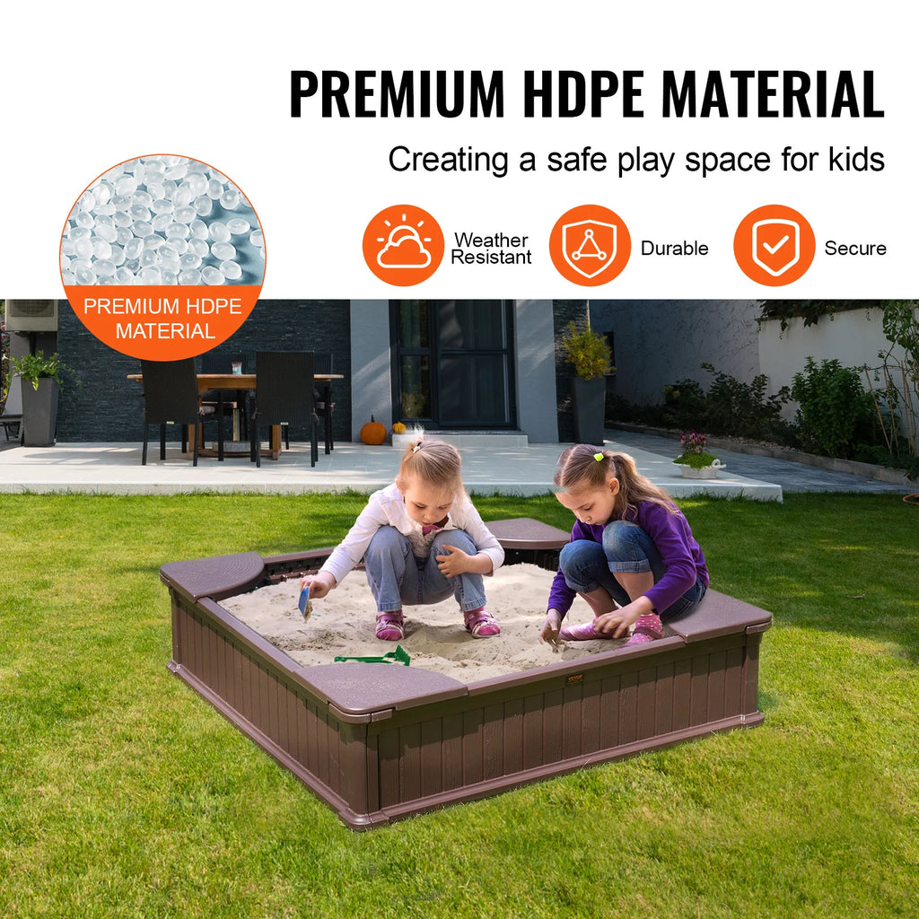 SucceBuy Sandbox with Cover in Square Sand Box Sand Pit with 4 Corner Seating and Bottom Liner Kids Sandbox for Outdoor for Kids