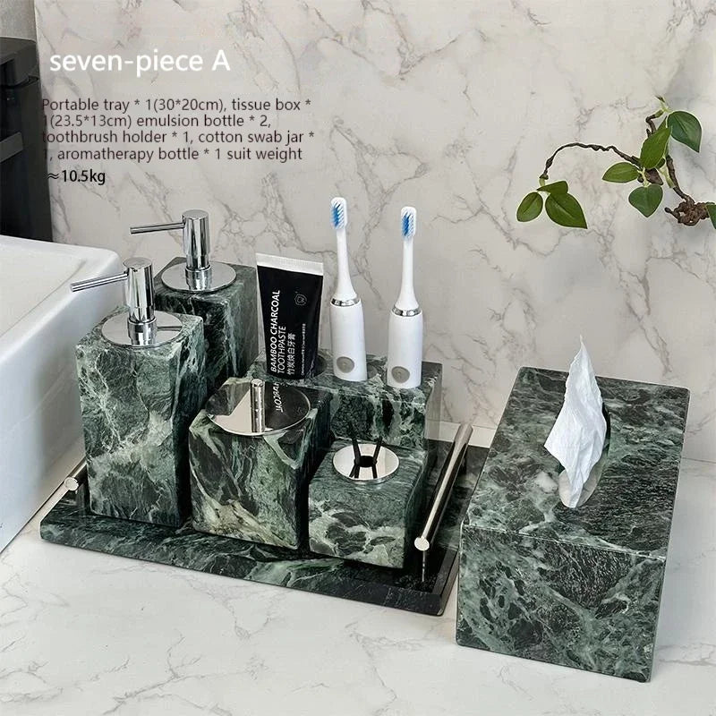 Luxury Marble Bath Set: Shampoo Bottles, Tray & Canister Organizer, Natural Stone Accessories for Home & Hotel Bathroom Decor