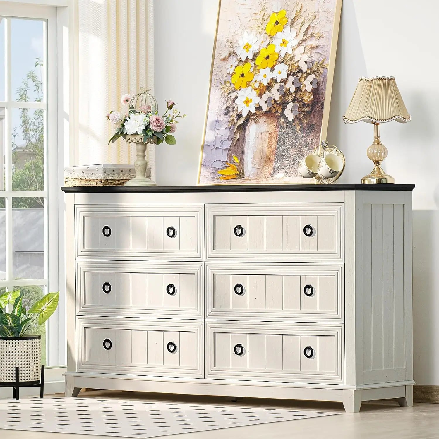 Farmhouse Dresser and Nightstand Sets 3 Piece, Nightstands Set of 2 and 6 Drawers Dresser for Bedroom, 58" Wide Dresser