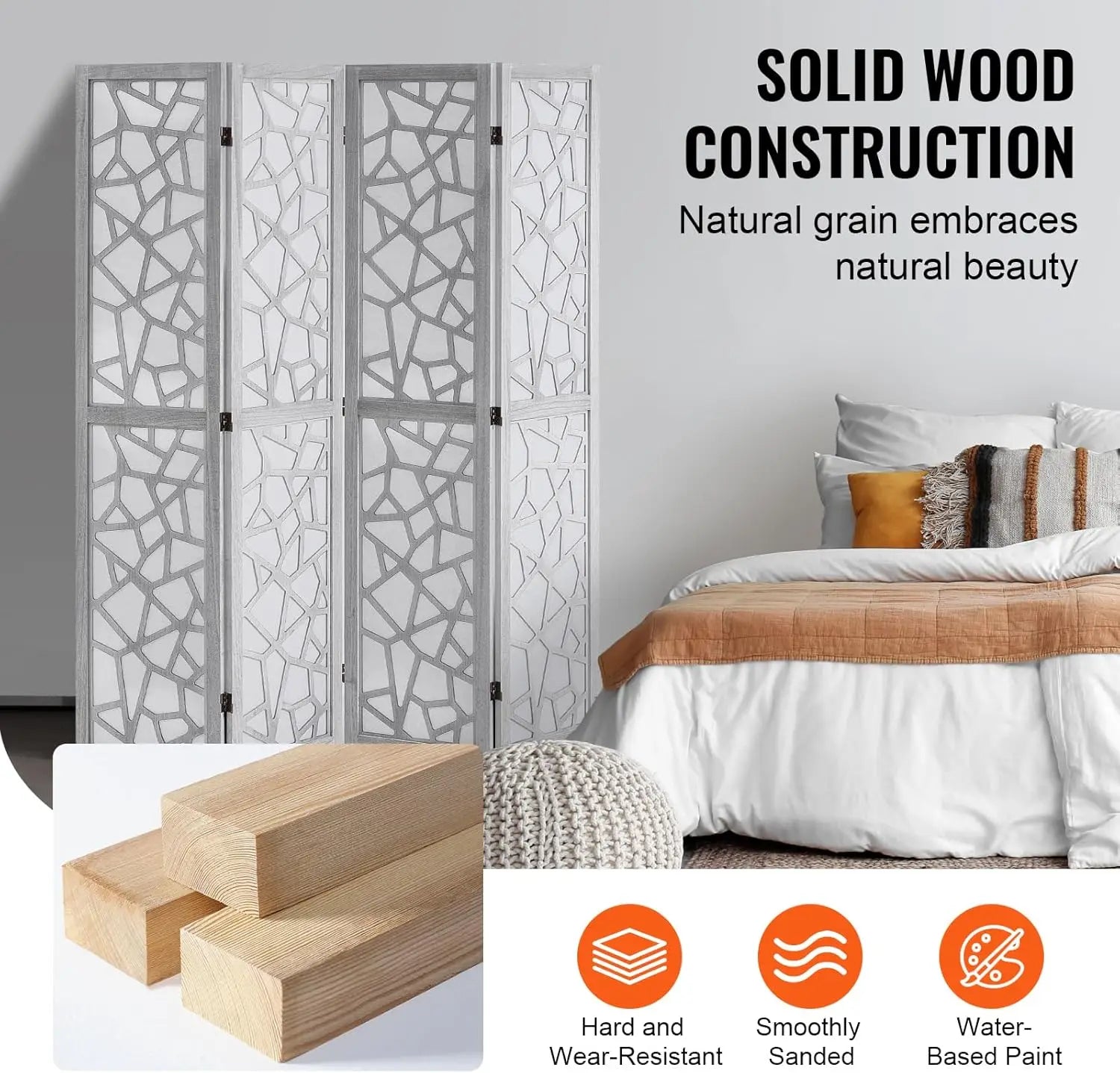 Wood Room Divider, 4 Panel Wood Folding Privacy Screen, 66.9 Inches Tall Indoor Carved Wooden Partition, Portable Decoration