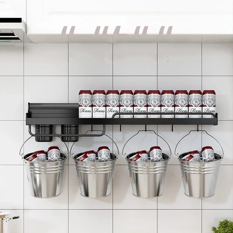 Kitchen Storage Shelf Wall-mounted Spice Rack Aluminum Punch-free Spoon Knife Storage Shelves Multifunction Kitchen Organizer